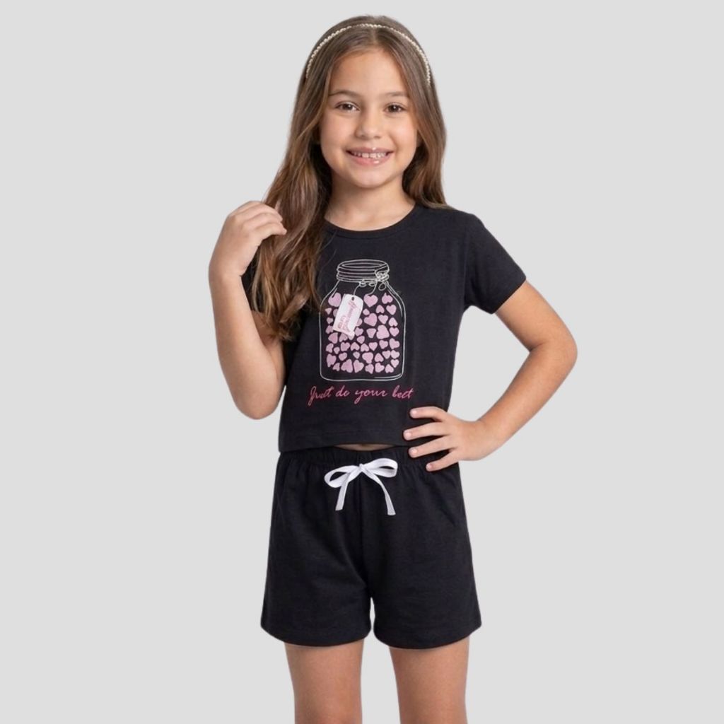 Conjunto Curto Verão Infantil para Menina Blusa Cropped com Shorts Meia Malha Confortável