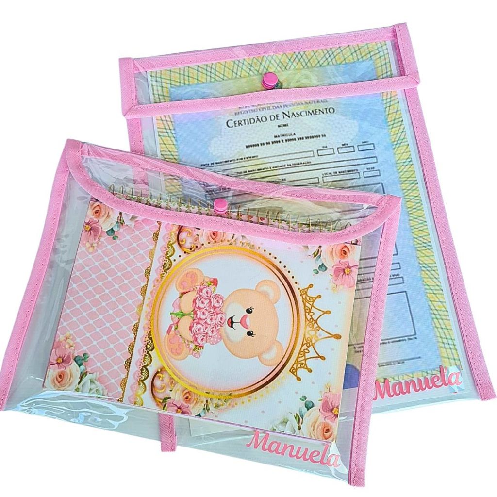 Kit Porta Certidão Pasta Documentos com Capa Plástica para Caderneta de Vacinação Livro do Bebê Personalizado