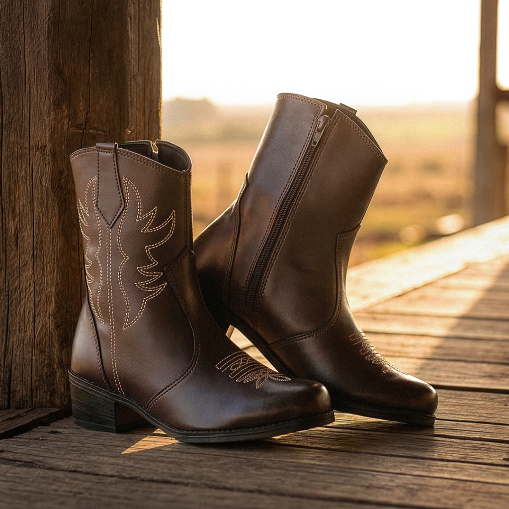Bota Feminina Western Cano Curto Country Confortável Com Zíper Salto Baixo
