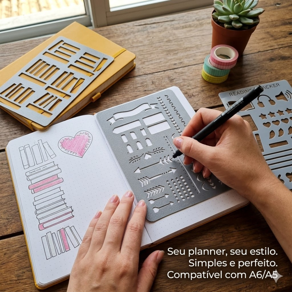 Kit 3 Régua Stencil Rastreamento Livros Planner Leitura Agenda A6
