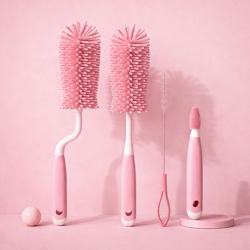 Kit 4 Escova de Mamadeira Silicone 360° Limpeza Completa com Escova de Bico e Canudo