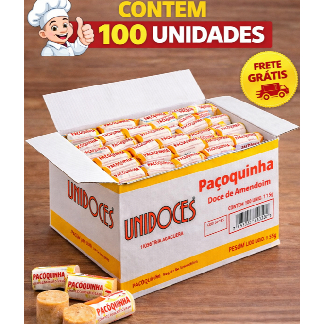 Unidoces Paçoca de Amendoim Paçoquinha Rolha 100 Unidades