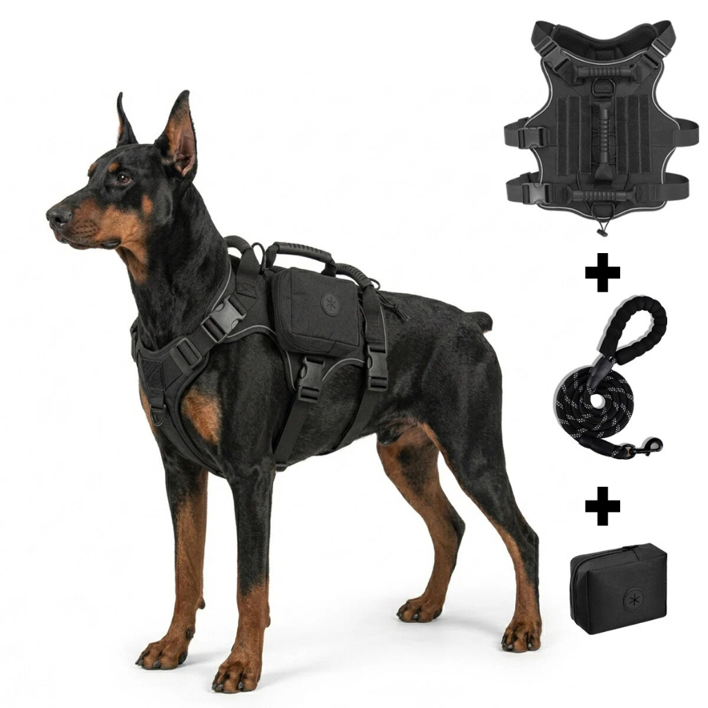 Kit Peitoral Tático Cachorro Grande Médio Refletivo + Guia + Bolsa Anti Puxão Resistente Confortável Coleira Colete Pet
