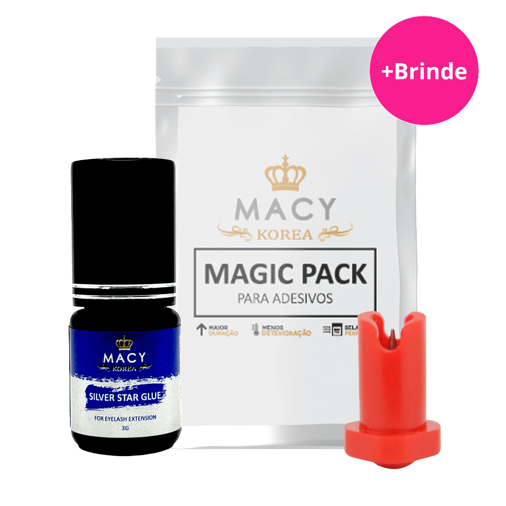 Frasco de cola Macy Silver Star de 3g ao lado de um Magic Pack branco e um bico dosador vermelho para adesivo.