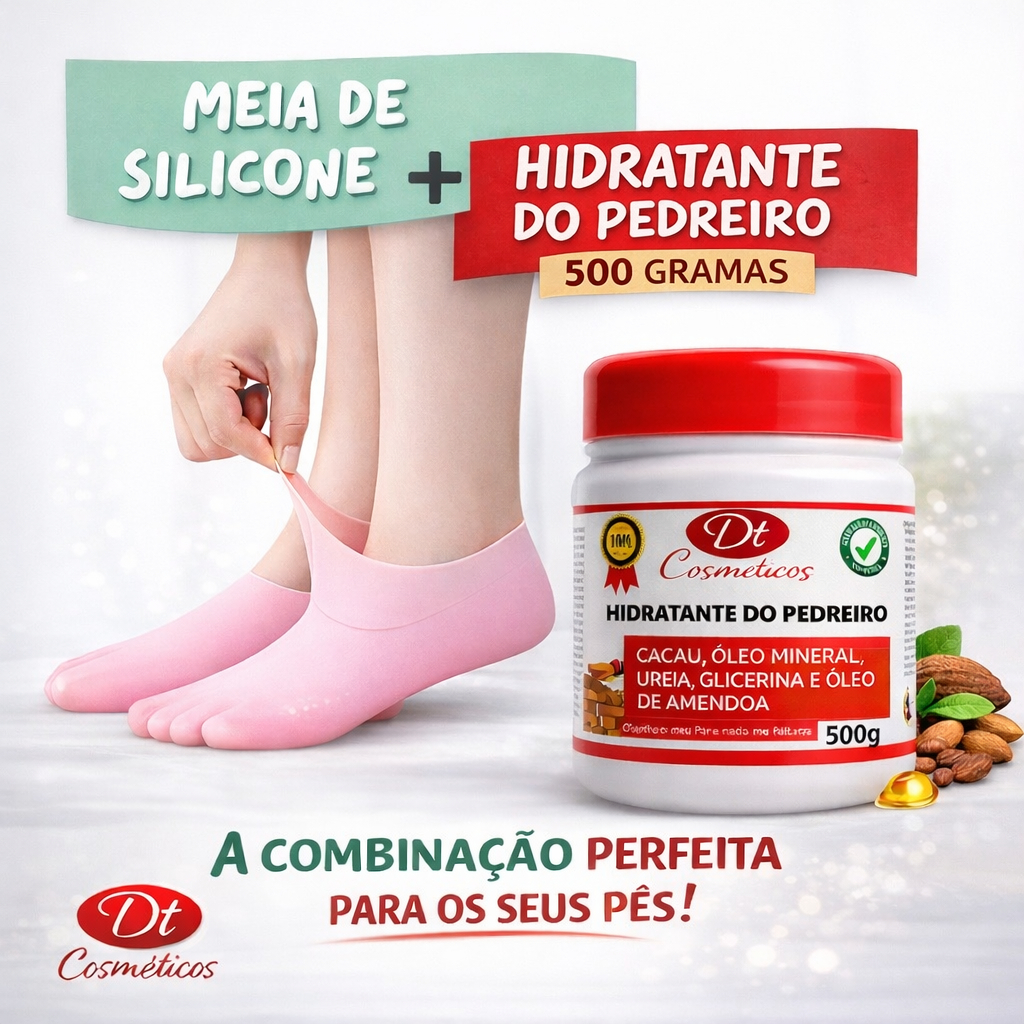Kit Meia de Silicone + Hidratante para Pés Ressecados e Asperos Hidrata e Recupera a Pele