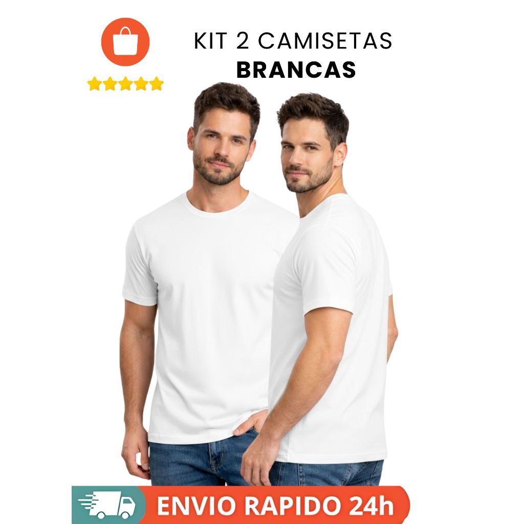 Kit Camisetas Brancas Masculinas Básicas 100% Algodão Premium
