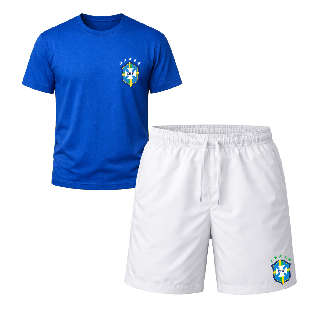 Conjunto Brasil Camiseta Azul E Shorts Branco Torcedor Conjunto esportivo nas cores do Brasil