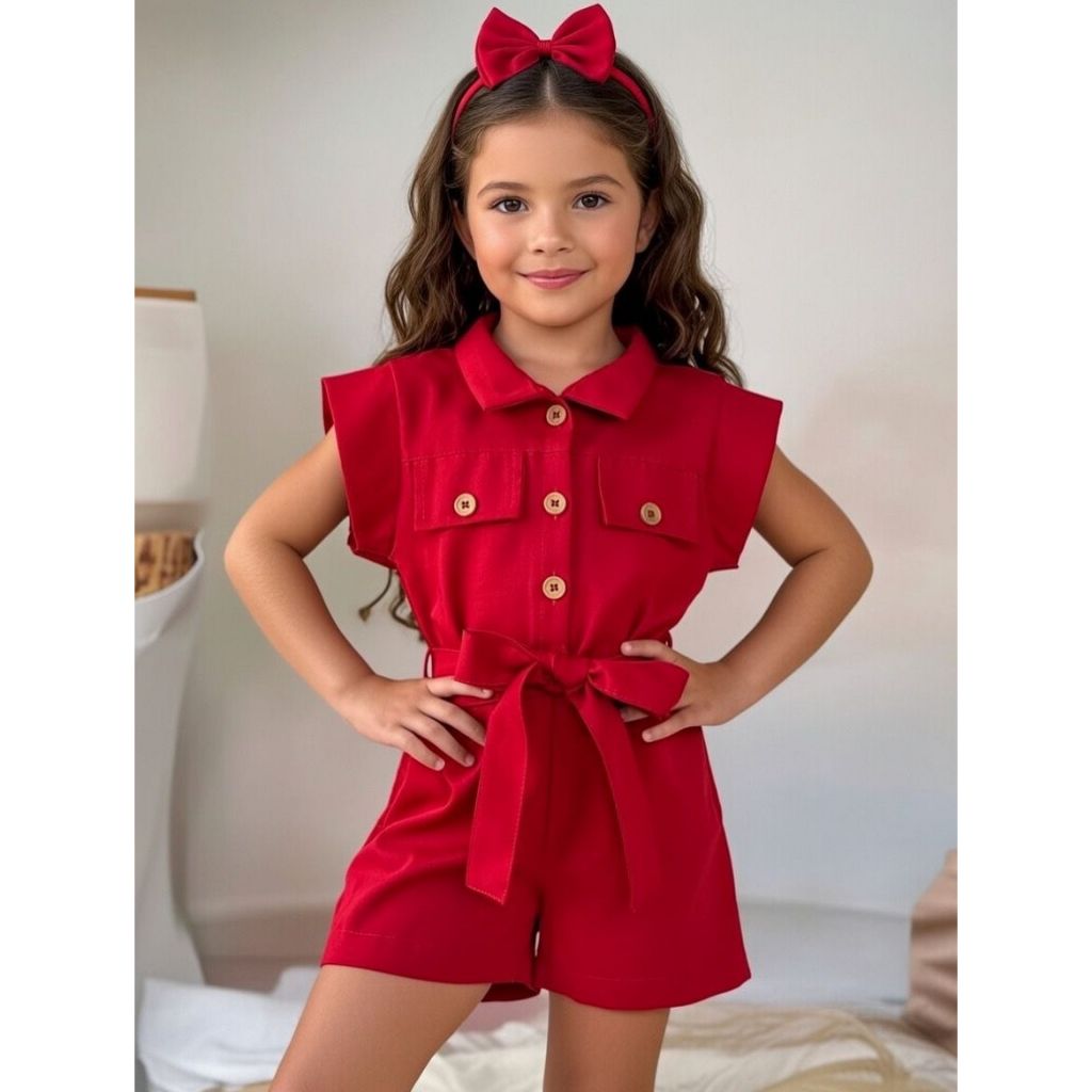 Macaquinho Infantil Meninas Com Laço de Cabelo e Faixa - Feminino de 2 a 8 anos