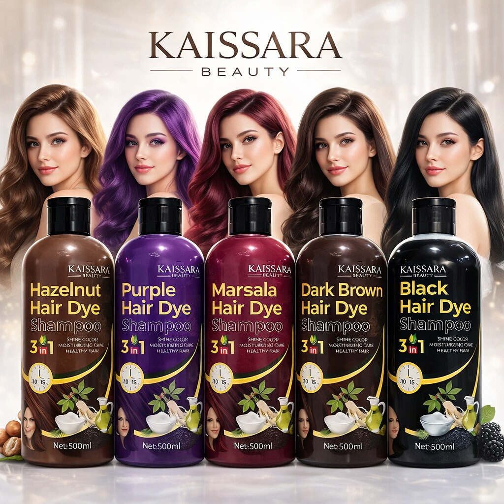 Shampoo Tonalizante Kaissara Hair Dye 500ml – Tintura Capilar 3 em 1, Escurecedor, Cobre Brancos, Brilho Intenso, Todas