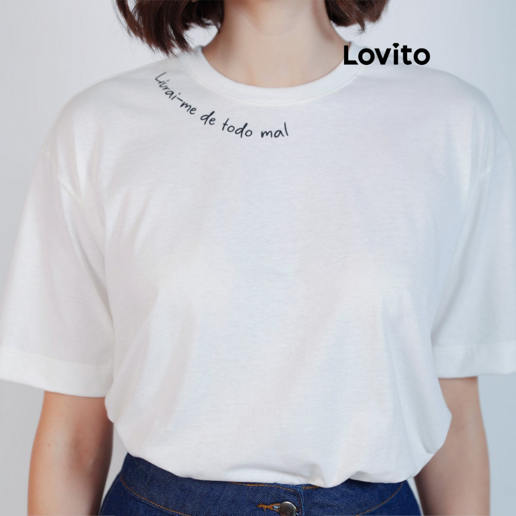 Lovito Camiseta Casual Feminina Frase Deus Moda com Estampa BRTSB16981728 em Oferta na Shopee