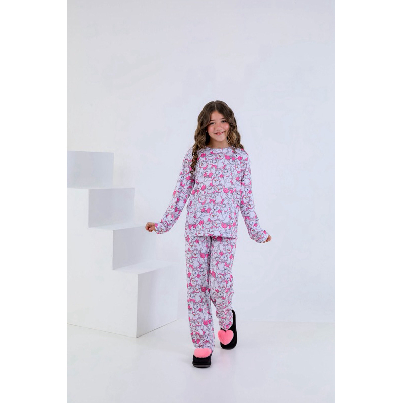 Pijama Infantil Menina Manga Longa gatinha Estampado Conjunto Blusa e Calça Menina Confortável