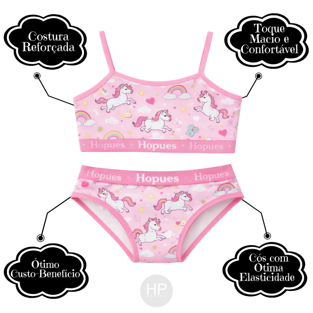 Kit 1/3 Conjuntos Calcinha e Sutiã Infantil Microfibra Elástica Estampado