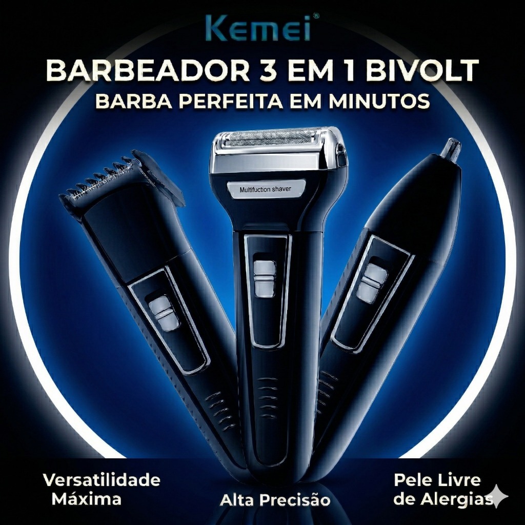 Barbeador 3 em 1 Aparador De Barba E Pelos Recarregável BIVOLT - O Kit De Higiene Mais Completo