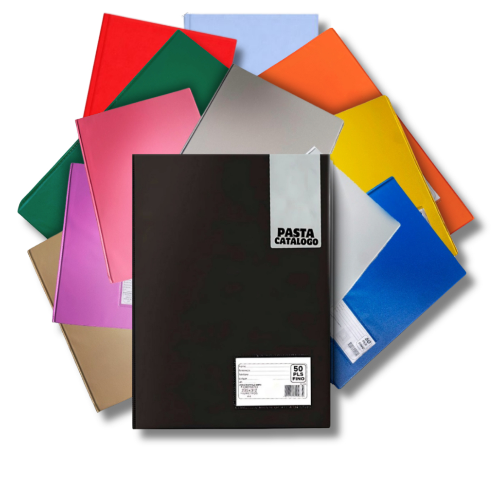 Pasta Catálogo Organizadora Colorida A4 Com 50 Envelopes Plásticos Visor Transparente na Capa
