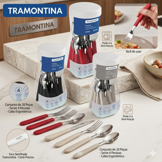 Kit Talheres Tramontina Leme 20 Peças Original Aço Inox Premium Resistente Cozinha Moderna Cabo Vermelho/Cinza/Preto em Oferta na Shopee