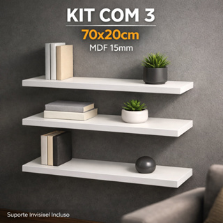 Kit 3 Prateleiras 70x20cm MDF 15mm Branco/Preto Suporte Invisível Parede em Oferta na Shopee