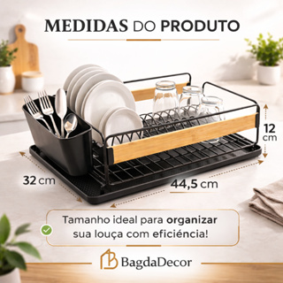 ⭐ Escorredor de Louça Premium Preto com Bandeja Removível 🥂 Porta Talheres Aço Inox + Bambu em Oferta na Shopee