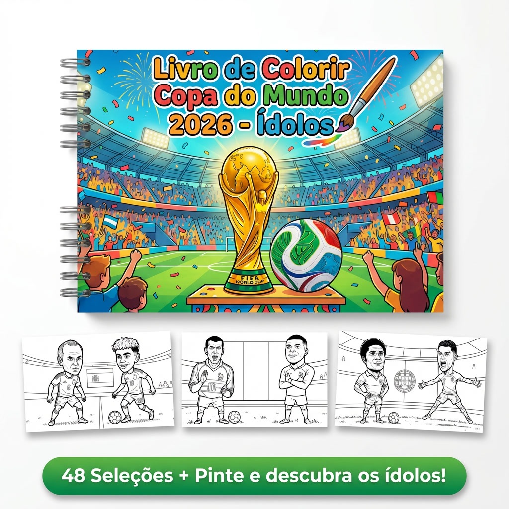 Livro De Colorir Futebol Copa do Mundo 2026 Capa Dura Infantil Seleções Ídolos Interativo Educativo