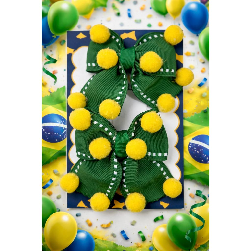 Laço Infantil Brasil Verde e Amarelo com Pompom | Par Presilha Bico de Pato Menina Festa Junina Copa