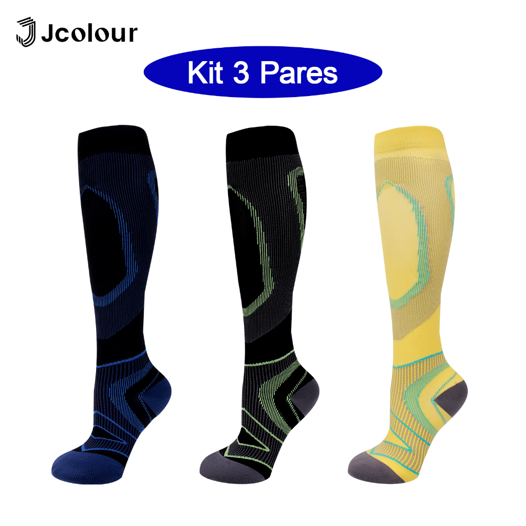 Kit 3 Pares Meias De Compressão Homens Mulheres Correndo Ciclismo Esportivas Joelho Alta