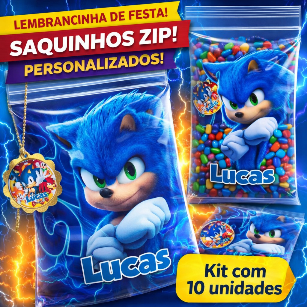 Kit 10 Lembrancinhas Sonic Personalizadas-Saquinhos  Festa Infantil Menino Surpres Aniversário Sonic