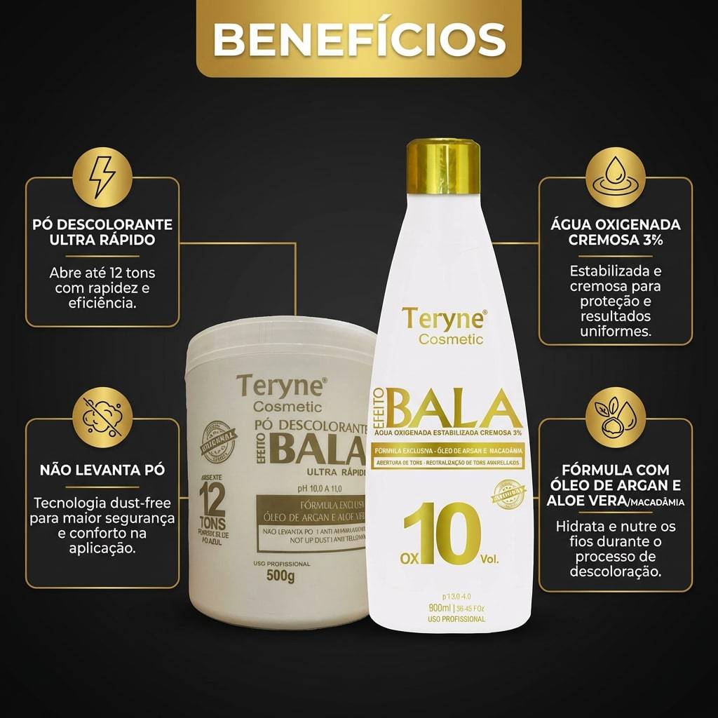 kit Pó bala original Descolorante Teryne + OX 10v Efeito Bala Ultra Rapido