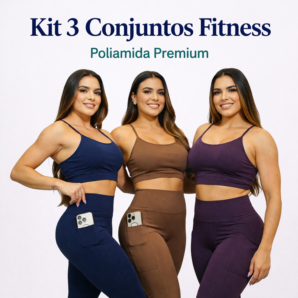 Kit 3 Conjuntos Fitness Feminino Calça Bolso academia Top com Alça Poliamida Premium Proteção UV50+