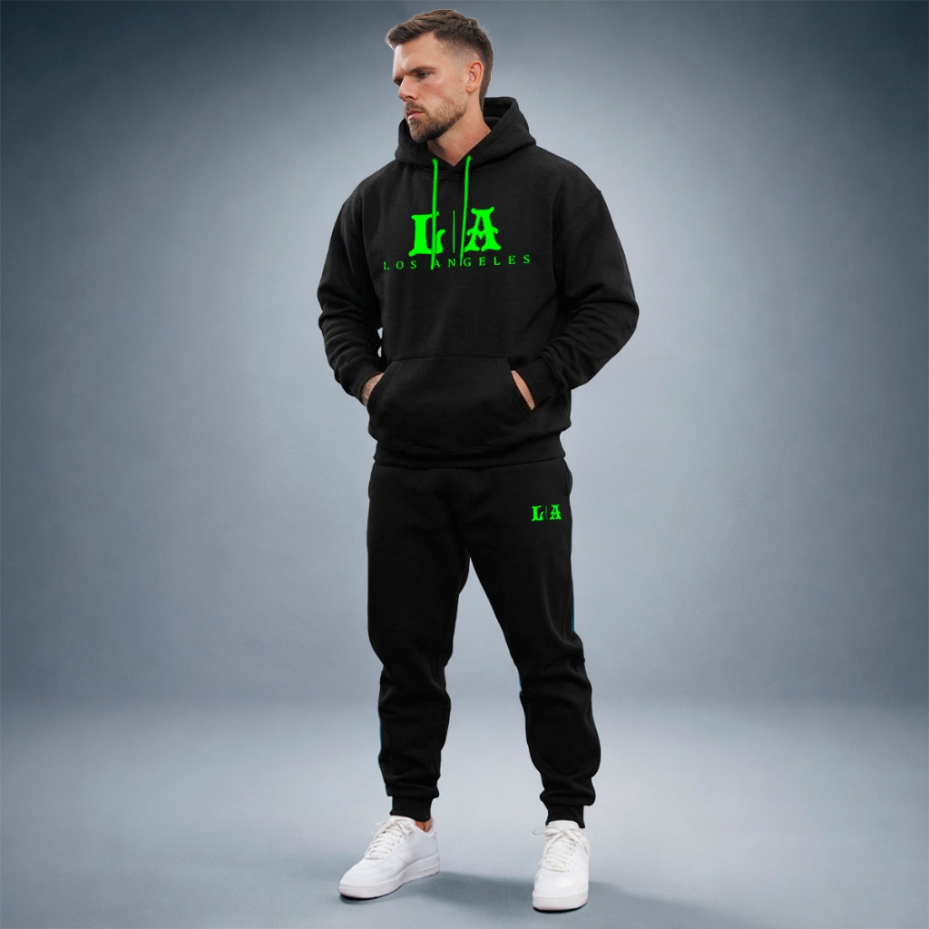 Conjunto Moletom LA Calça Jogger Blusa Canguru Capuz Bolso Algodão Flanelado Quentinho E Casual
