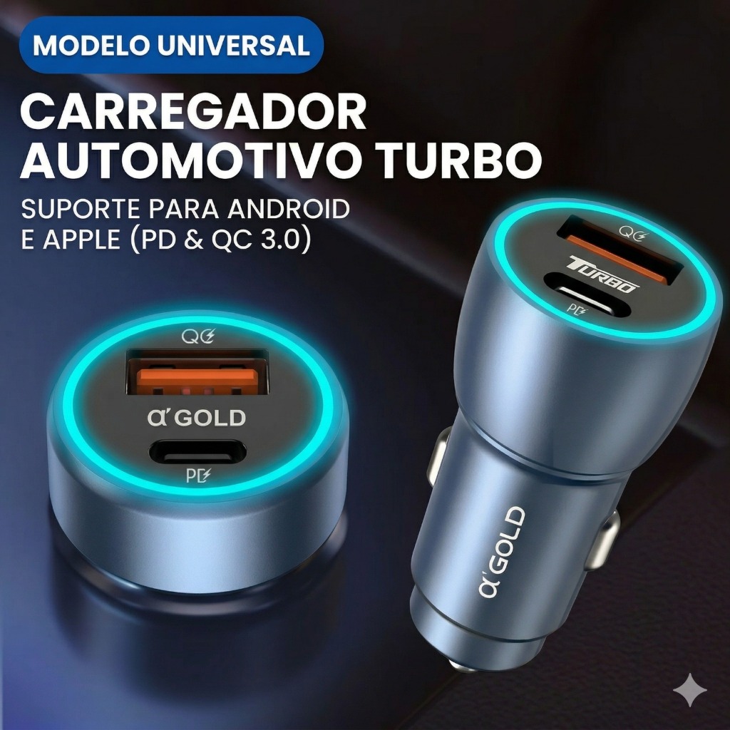 Kit Carregador Veícular Turbo 60W PD + USB-C Com Cabo Tipo-C/Tipo-C/Lightning Compatível Com Android e iPhone em Oferta na Shopee