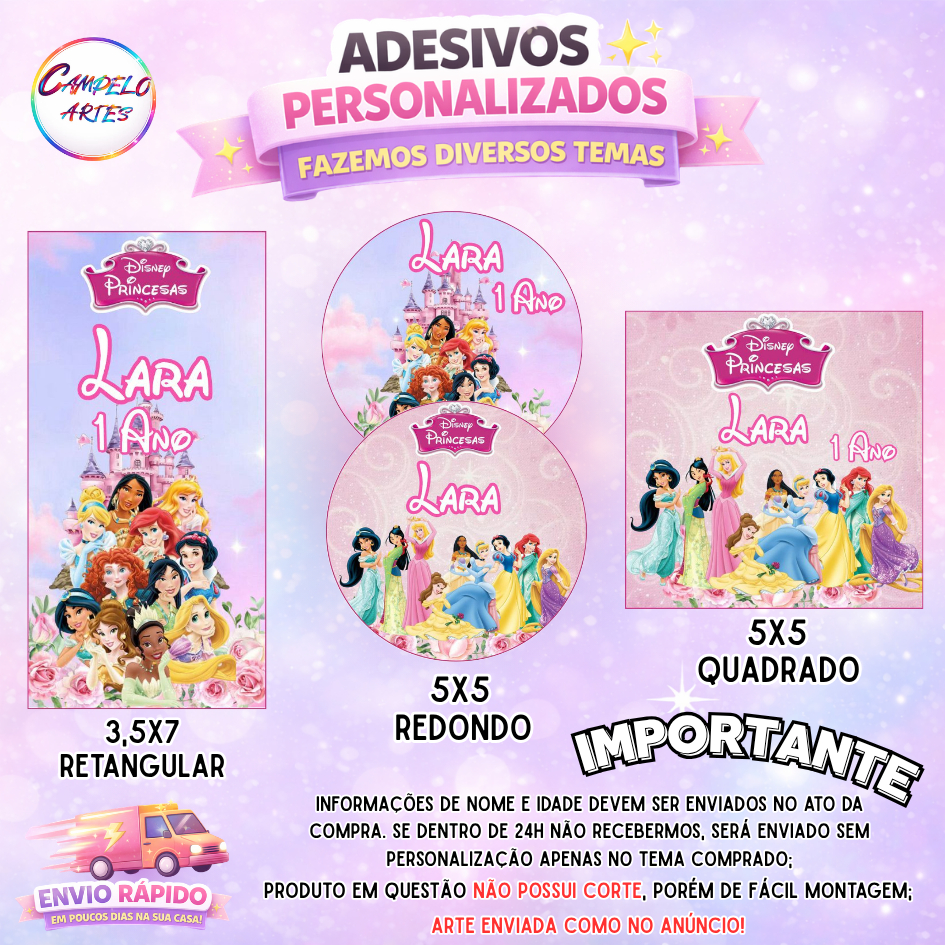 40~120 ADESIVOS PERSONALIZADOS COM NOME E IDADE PARA LEMBRANCINHAS - TEMA: PRINCESAS DISNEY