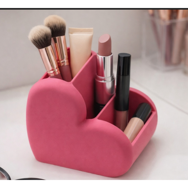 Organizador de Maquiagem Coração 💖 Porta Pincéis e Batons | Decorativo, Compacto e Moderno