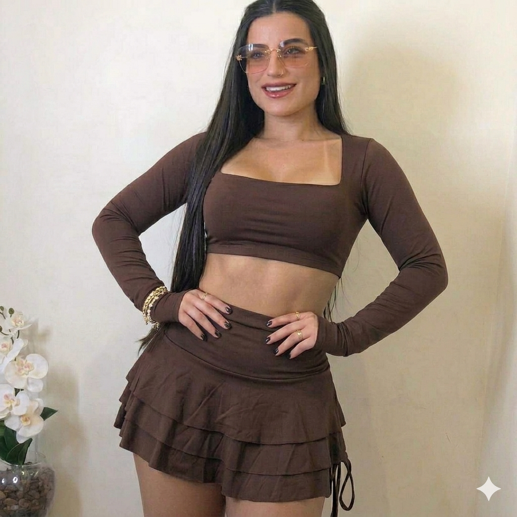 Conjunto Shorts Saia Cropped Manga Longa Feminino Básico Babadinho Plissada Decote Quadrado Suplex Bojo Confortável Leve
