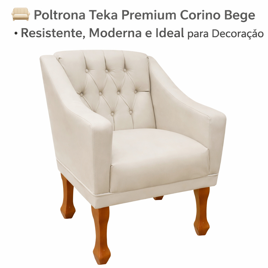 Poltrona Decorativa Teka Corino Bege 🛋️🤎 Estofada Luxo Sala de Estar Quarto