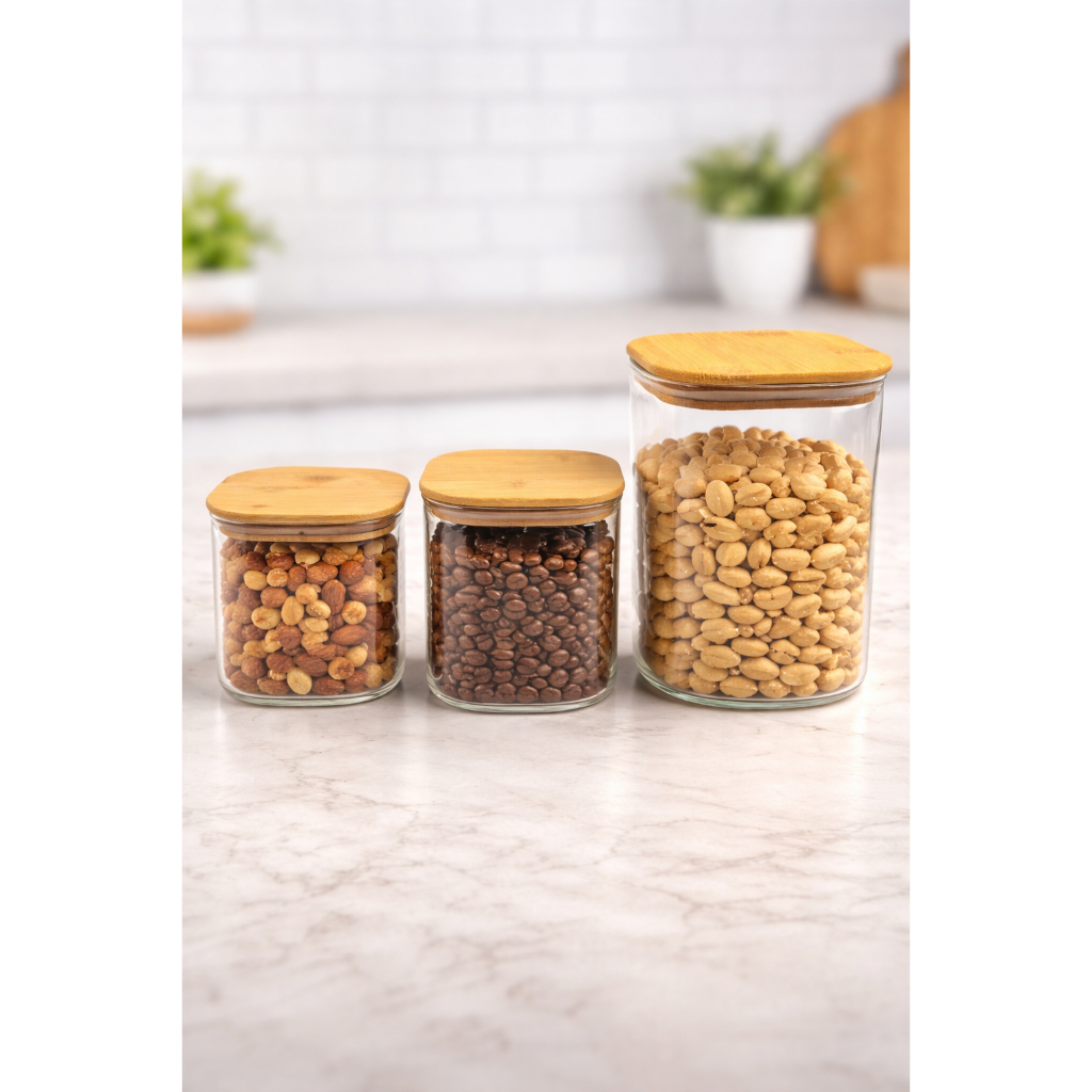 Pote Hermético Vidro Tampa Bambu Porta Mantimentos Cozinha Armazenamento Organização Alimentos