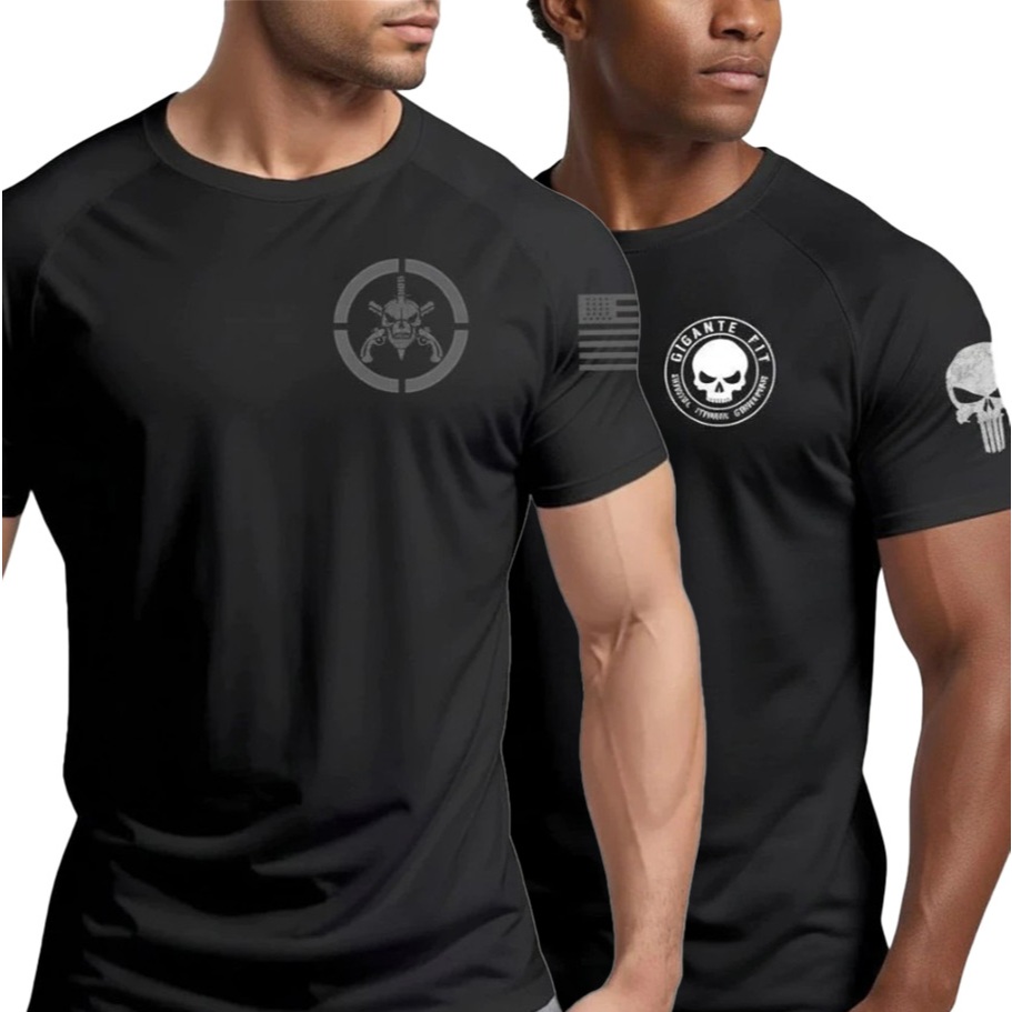 Kit 2 Camisas Camiseta Dry Fit Gigante Fit Militar Masculina Academia Esporte Bope Caveira