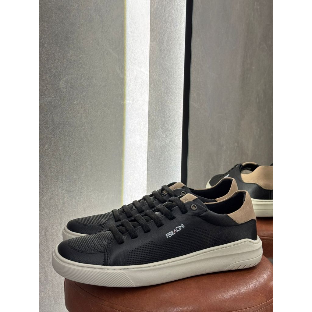 SAPATÊNIS FERRACINI MASCULINO COURO LEGÍTIMO PRETO CASUAL CONFORTO SOLADO BRANCO OFF