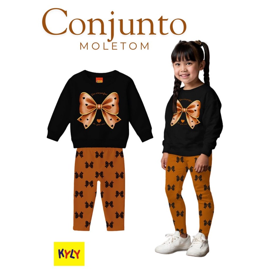 Conjunto Infantil Menina Laços Kyly,Blusa Moletom estampada ,legging molecotom ref1001532