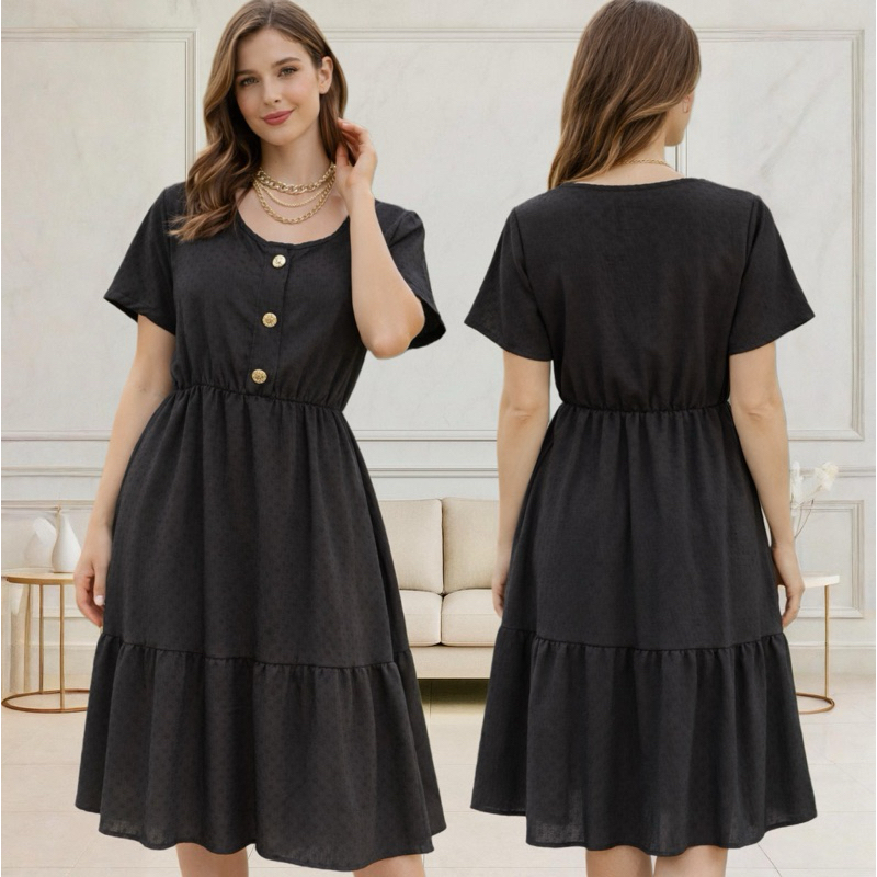 Vestido Lara Mid Com Elastico, Manga Bufante e Botao