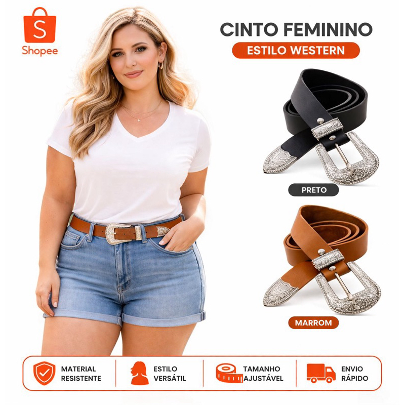Cintos Femininos Fivela Prata Cowboy Country PLUS SIZE Do GG ao G2 Blogueira Tendência Da Moda Mulher - Rafaela