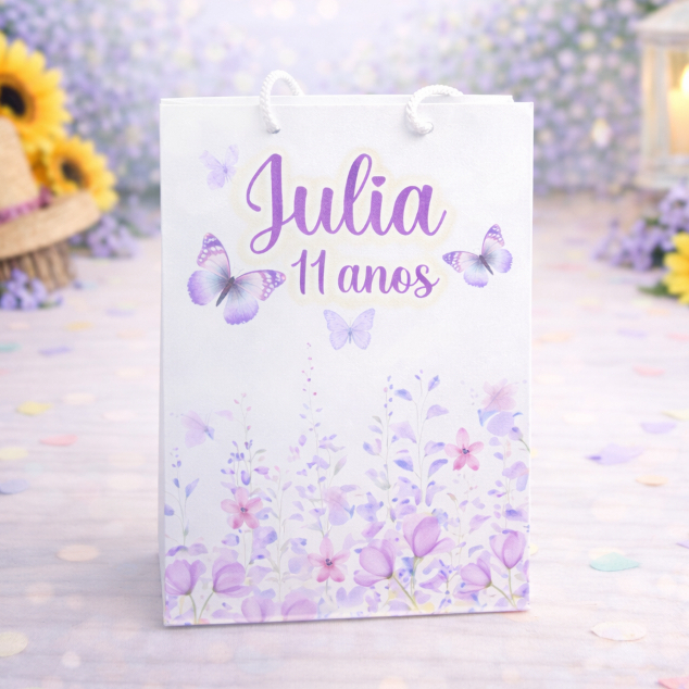 Sacolinha Jardim Borboletas Lilás  Personalizada Pegue e Monte | Lembrancinha Festa Infantil - Jardim Encantado