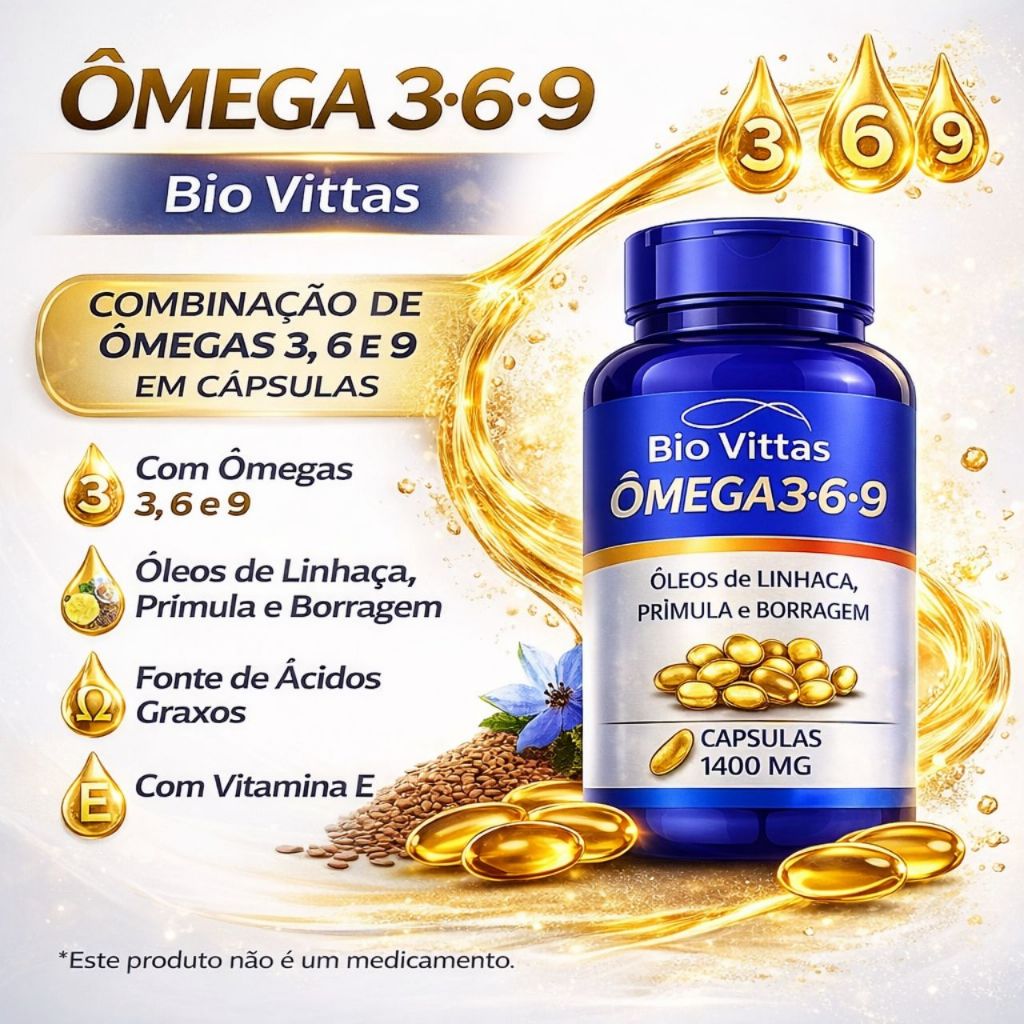 3x Ômega 3.6.9 + Vitamina E  Tripla Fonte Original 1400mg 60 - 120 Cápsulas Bio Vittas