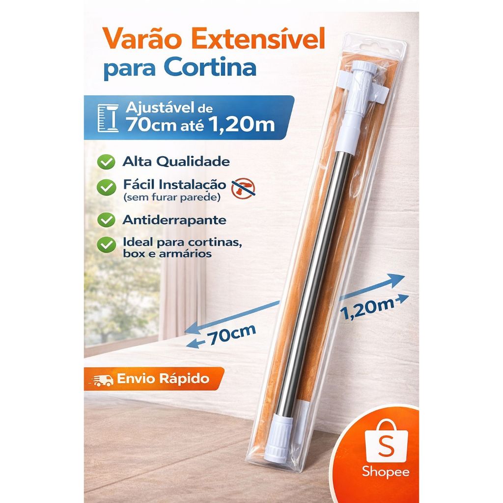 Varão Extensível Inox Resistente Porta Cortina De Box Banheiro E Multiuso