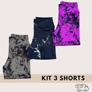 Kit 3 Shorts Feminino Academia Marmorizado Fitness Degrade Crossfit Cintura Alta em Oferta na Shopee