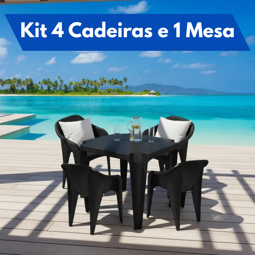 Kit Jogo Com 1 Mesa e 4 Cadeiras Poltronas Plastico Buffet Bares Restaurantes Suporta Até 182kg