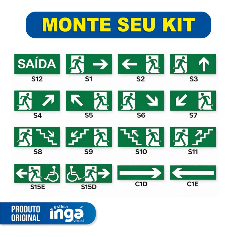 Placa Sinalização Diversas Opções PVC 2mm Rota de Fuga Saída Emergência Seta Direita Kit 24x12