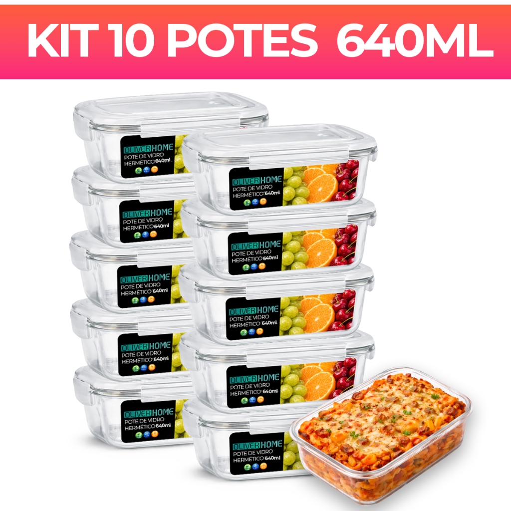Kit 10 ou 5 Potes de Vidro 640ml Hermético Marmita Fit com Tampa 4 Travas em Oferta na Shopee