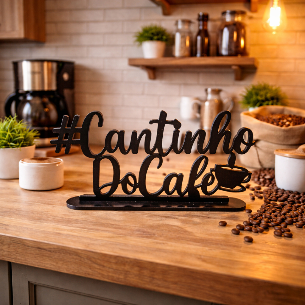 Placa Decorativa Cantinho do Café em MDF Base de Madeira Preto 20x10cm