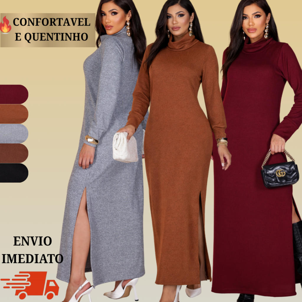 Vestido Longo Feminino Elegante Gola Alta e Manga Longa moda Inverno em Oferta na Shopee