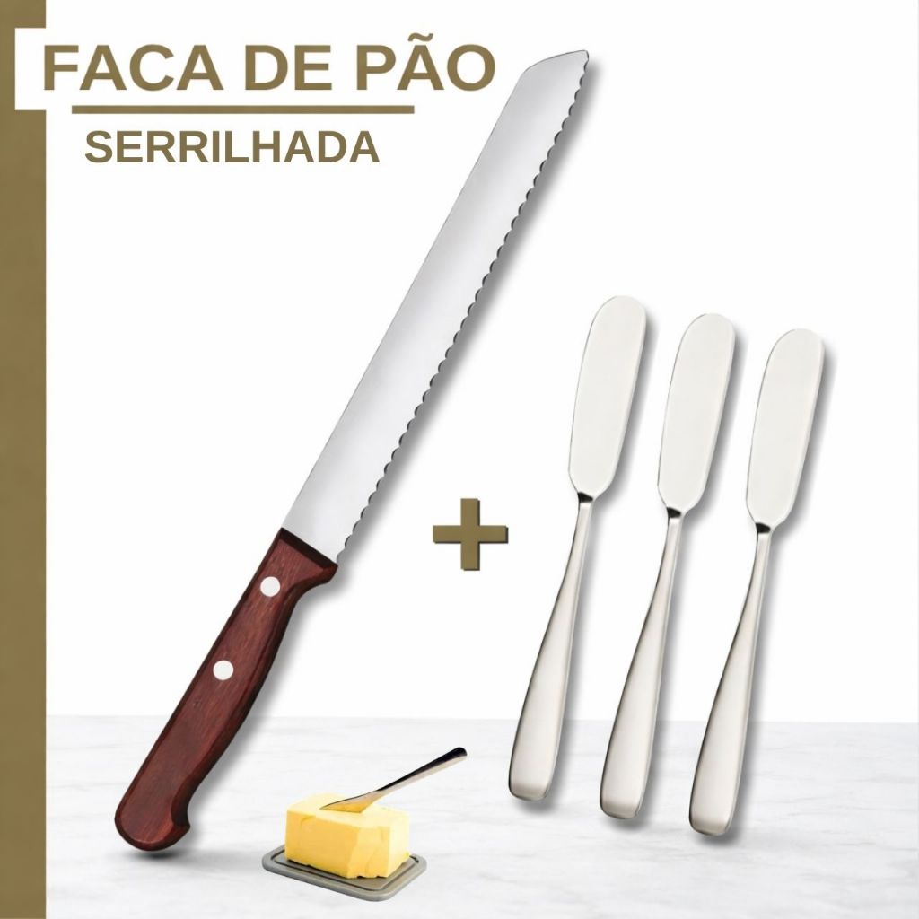 Kit Faca de Pão e 3 Espátulas ou 1 Faca de Pão INOX Serrilhada Cabo Madeira para Cozinha Restaurante