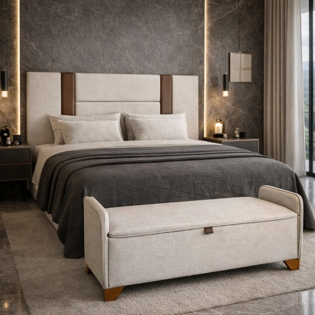 Conjunto Cabeceira Estofada com Recamier Baú Moderno Duna – Linho Bege e Corino - Casal e Queen
